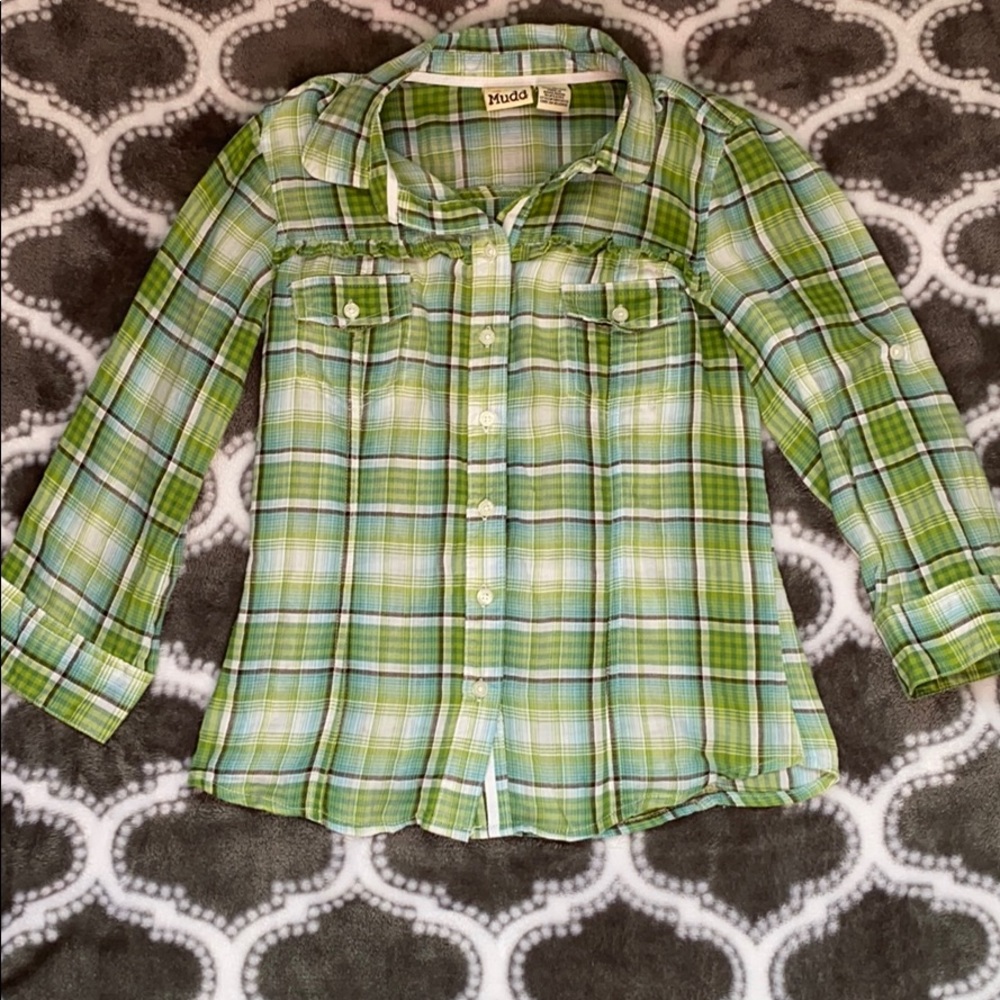 Collared Green, white, brown & blue top